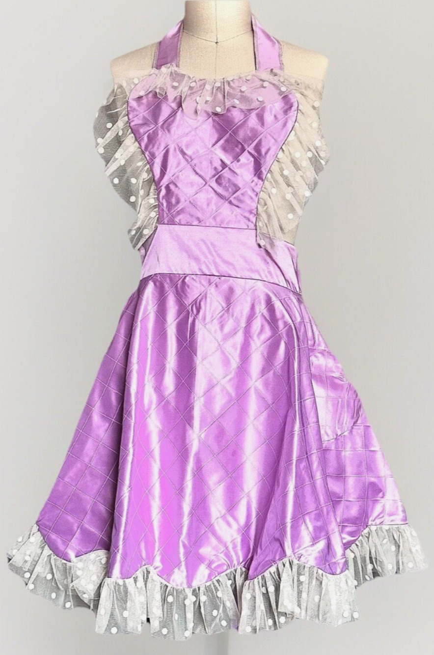 Handmade 50s Style Pink Satin Apron One‑of‑a‑Kind White Ruffle Trim Heart Pocket